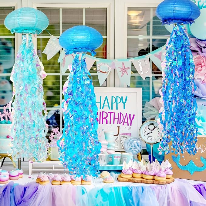 OBXT 10" Blue Jellyfish Paper Lanterns - Under the Sea Birthday & Mermaid Party Decorations, Ocean and Beach Theme Indoor Outdoor Hanging Decor, Baby Shower, Nautical Events (Set of 6)