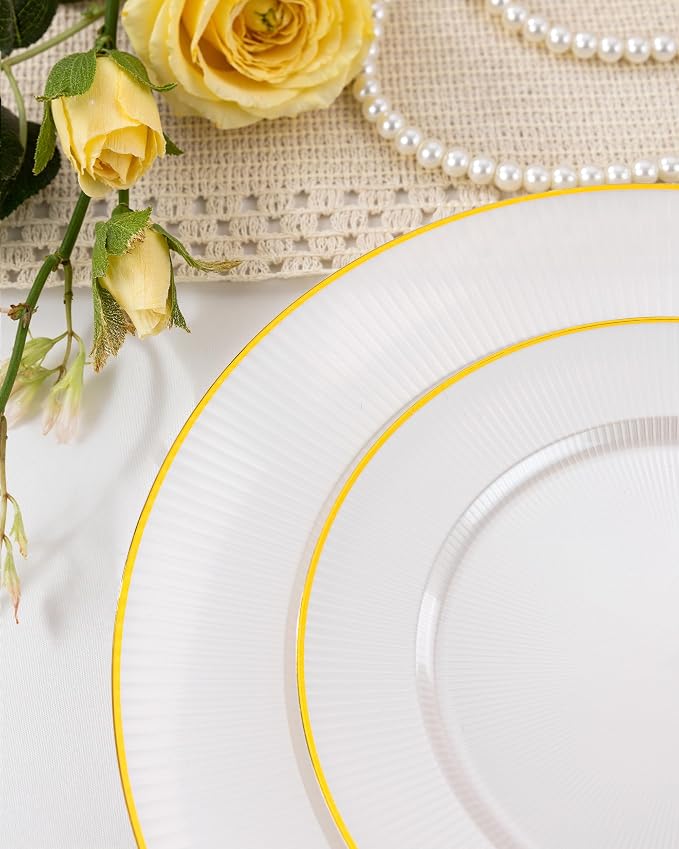 Hioasis 60pcs White and Gold Plastic Plates - White Disposable Dinnerware Set, 30pcs Dinner 10in & 30pcs Dessert 7in Plates with Striped Designs for Party & Wedding