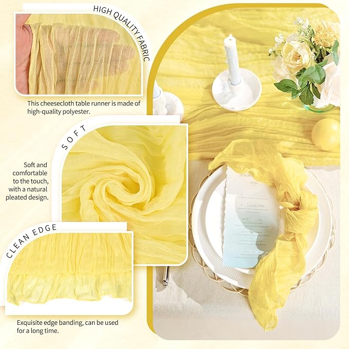 20 Pack Light Yellow Cheesecloth Table Runner 10FT Boho Gauze Cheese Cloth Table Runners Romantic Rustic Sheer Table Decorations for Wedding Party Baby Shower Birthday Holiday Home