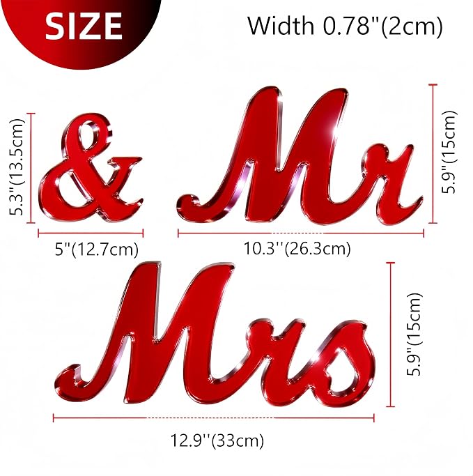 Mr & Mrs Sign for Wedding Table Decor,Large Acrylic Mr and Miss Sign,Photo Props, Freestanding Wedding Centerpiece Table Letters Wedding Decorations for Anniversary,Engagement,Party (Translucent Red, 0.78'')