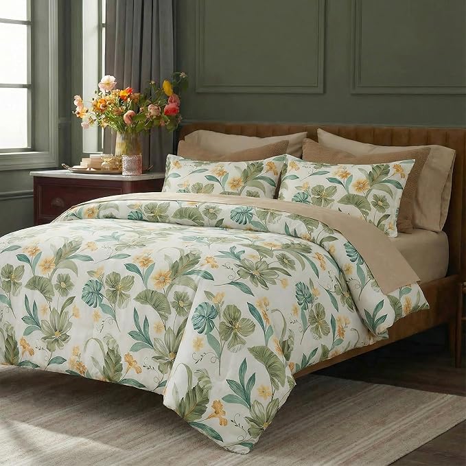Bedding_Dreamer Green Floral Comforter Set Queen 100% Cotton Comforter Garden Style Bedding Flower Leaf Botanical Bed Chic Boho Home Decor