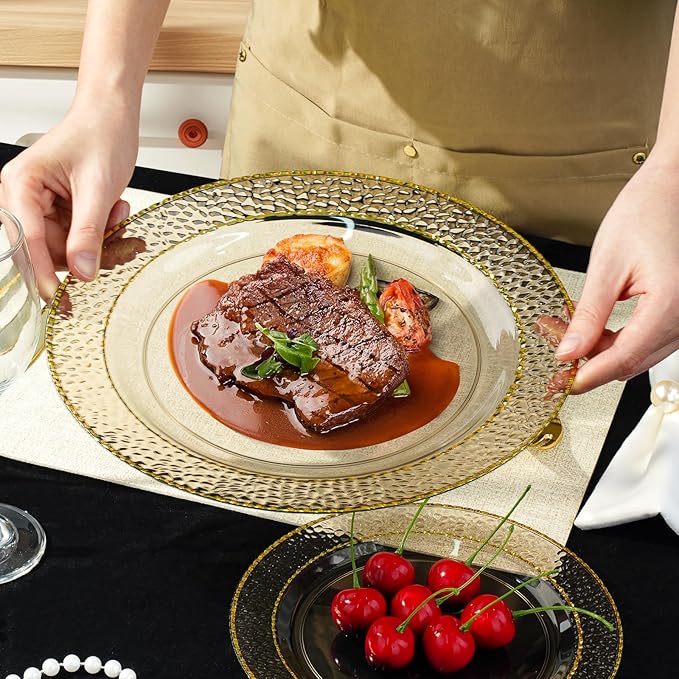 350PCS Clear Black Plastic Plates for 50 Guests, Disposable Dinnerware Set for Party and Graduation, Includes 100 Plastic Plates, 50 Pre Rolled Napkins with Gold Silverware, 50 Cups