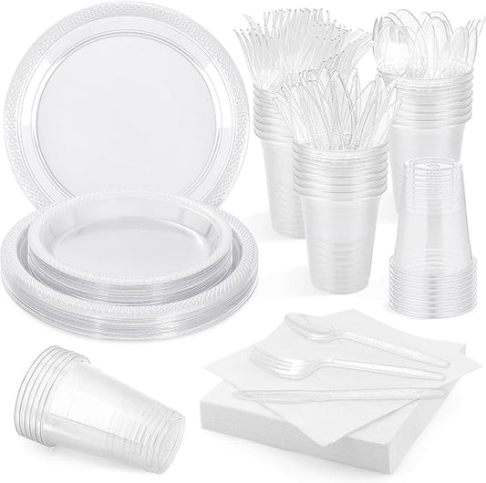Aodaer 200 Pieces Clear Party Supplies Disposable Dinnerware Set Include Plastic Plates Cups Knives Forks Spoons Paper Napkins for Birthday Wedding Graduation Parties, Serve 25 Guests