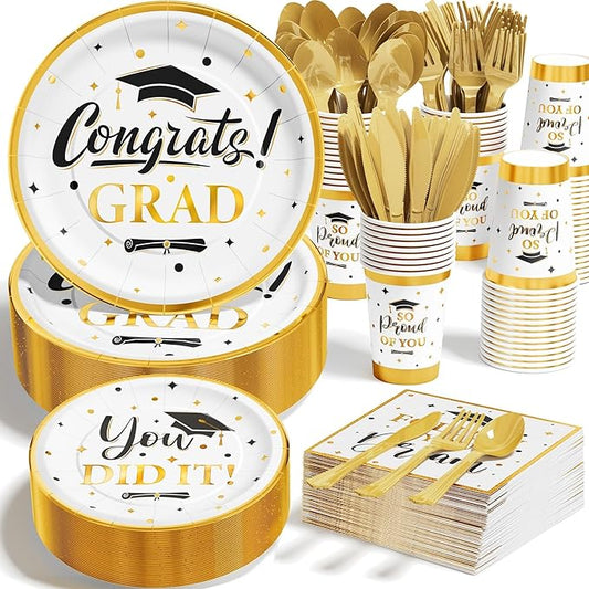 Ecomore Graduation Decoration Class of 2026, 350PCS Graduation Party Supplies Disposable Dinnerware(Serve 50) with Paper Plates Cup Napkin Fork Knife Spoon College High School Grad Decor(White & Gold)