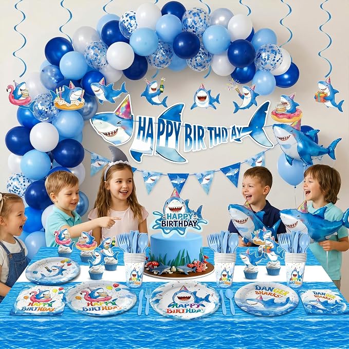 190pcs Shark Plates Napkins Party Supplies Decorations Disposable Tableware Set Include Cups Cutlery Cake Cupcake Topper Banner Hanging Swirl Balloon Tablecloth for Shark Birthday Decorations Serve 20