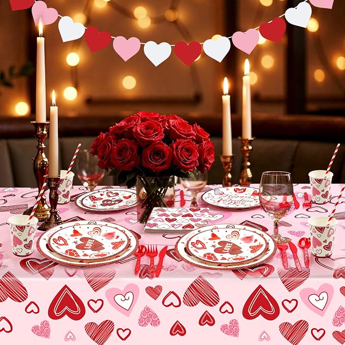 Valentines Day Party Supplies Set for 24, Valentine's Day Plates and Napkins Valentines Tablecloth Cups Valentine Disposable Dinnerware for Valentine's Days Party Decorations