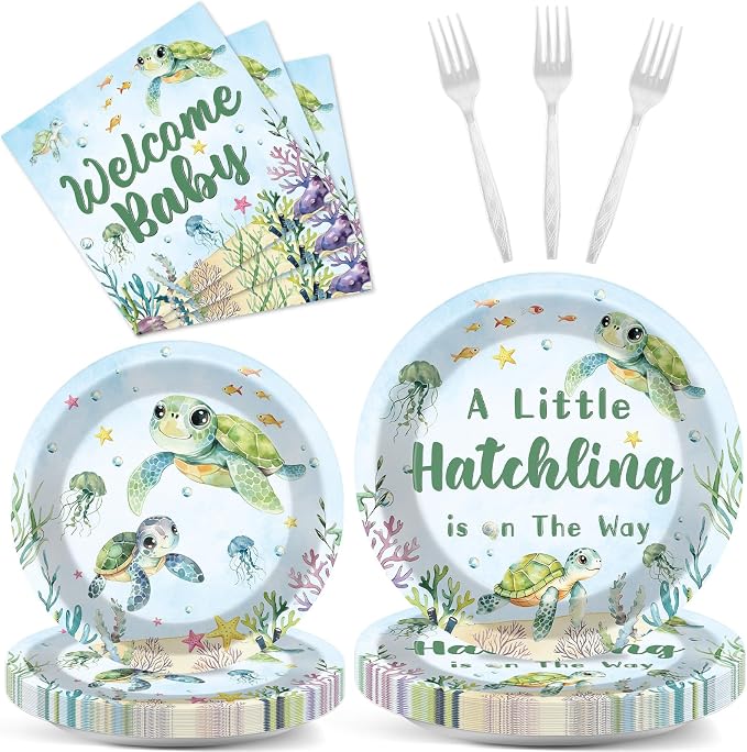 96 Pcs Sea Turtle Baby Shower Party Decorations A Little Hatchling is on The Way Paper Plates and Napkins Forks Under The Sea Ocean Party Supplies for Welcome Baby Shower Birthday Serves 24 Guests