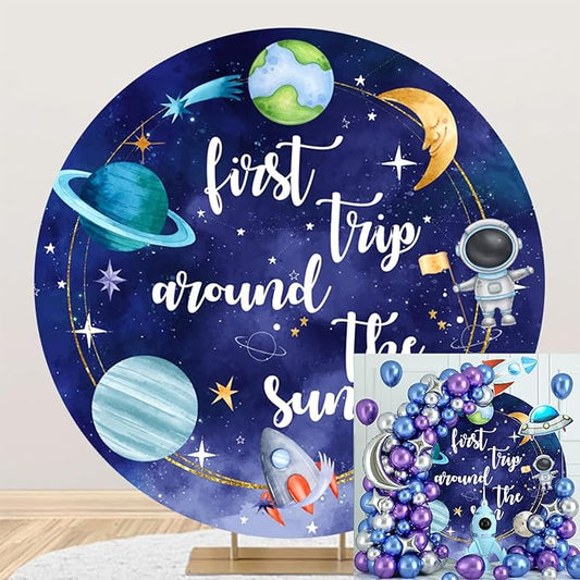 Polyester Diameter 7.5ft First Trip Around The Sun Round Backdrop for Boy Cartoon Outer Space Planet Astronaut Earth Rocket Photography Background Kids 1st Birthday Party Baby Shower Decor