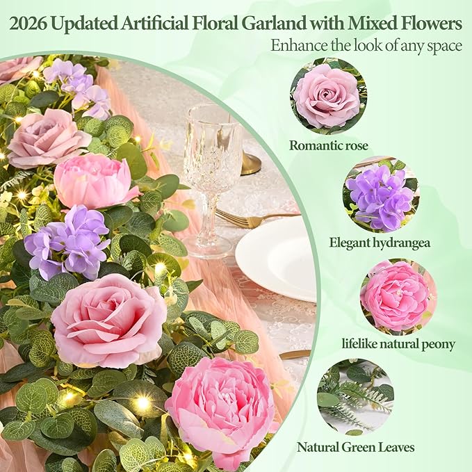 Livole 6 FT Artificial Flower Garland with Lights Pink Fake Roses Peony Floral Garland with Eucalyptus Flower Hanging Vine for Wedding Arch Table Centerpieces Backdrop Party Home Decorations