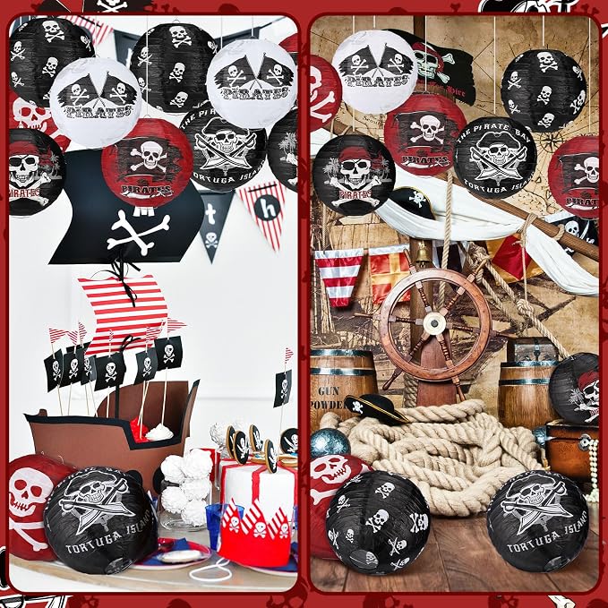 Panelee 12 Pcs Pirate Theme Paper Lanterns Birthday Party Decorations 8 Inch Hanging Round Paper Lanterns for Halloween Party Decorations Holiday Indoor Outdoor Ceiling Ornament Supplies