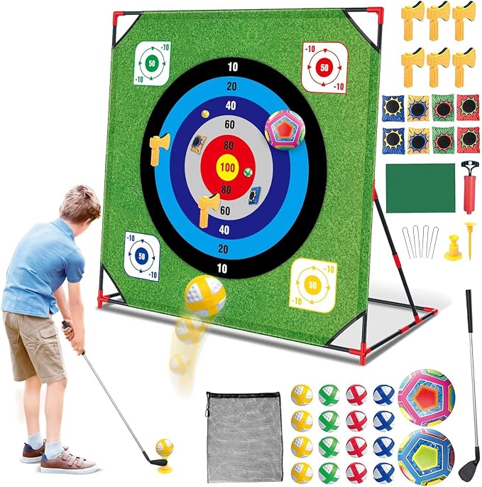 Golf Chipping Game, Battle Game for Kids & Adults, Giant 54”x54” Golf Target Mat with 16 Sticky Balls, 8 Bean Bag, 6 Axe & 2 Soccer, Perfect for Family Fun, Lawn, Poolside, Backyard Party