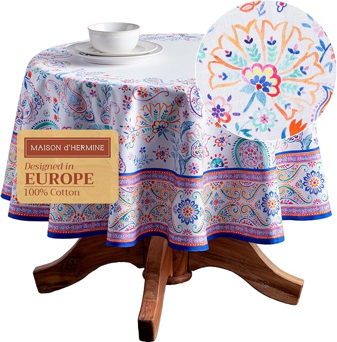 Maison d' Hermine Table Cloth Round Table 100% Cotton 63 Round Inches Tablecloth Reusable Decorative for Dining Kitchen Room Farmhouse Party Home Hotel Restaurant Spring Summer - Indian Floral