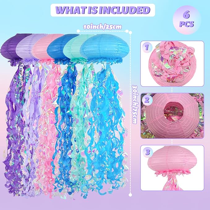 6-Pack Jellyfish Paper Lanterns, Blue Purple Pink Under The Sea Party Decorations, Mermaid Birthday Decorations, Ocean Themed Baby Shower, 10" Jellyfish Lamp for Classroom Decor Pool Party