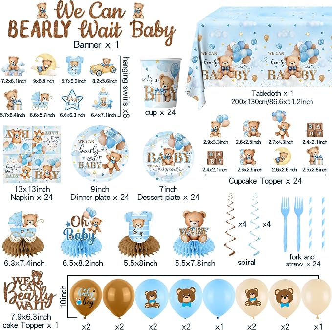 Blue Bear Baby Shower Decorations,219Pcs Baby Shower Tableware Set Banner, Plates and Napkins, Tablecloth, Cake Toppers, Honeycomb Balls for Boy Neutral Bear Themed Party Decorations Severs 24