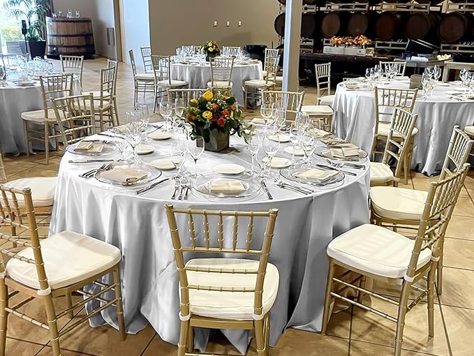 12 Pack 120 Inch Round Tablecloth, Silver Satin Fabric Table Cloth for Round Table, Wrinkle Resistant Washable Table Cover Bright Silk Table Clothes for Wedding Party Dining Table Banquet