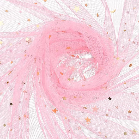 uxcell 60" x 8.7 Yard Tulle Fabric Star Moon Sequin Tulle Ribbon Rolls for Wedding Party Backdrop Stage Tutu Dress Bridal Veil DIY Sewing Crafts Decoration, Medium Pink