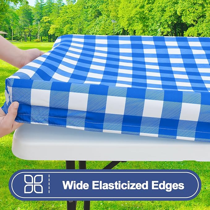 Smiry Picnic Table Cloth 6 Pack, Waterproof Elastic Fitted Tablecloths for 6FT Rectangle Tables, Washable Polyester Buffalo Plaid Tablecloth for Camping, Dining & Outdoor (Blue & White, 30" x 72")