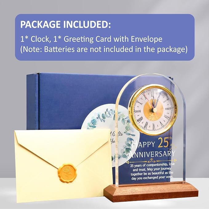 OkiyiD Light Up 25th Anniversary Wedding Gifts Quartz Clock with Wooden Base,25 Years Silver Wedding for Couple,Parents,Soft Warm White Lighting 25th Anniversary Decoration Gifts