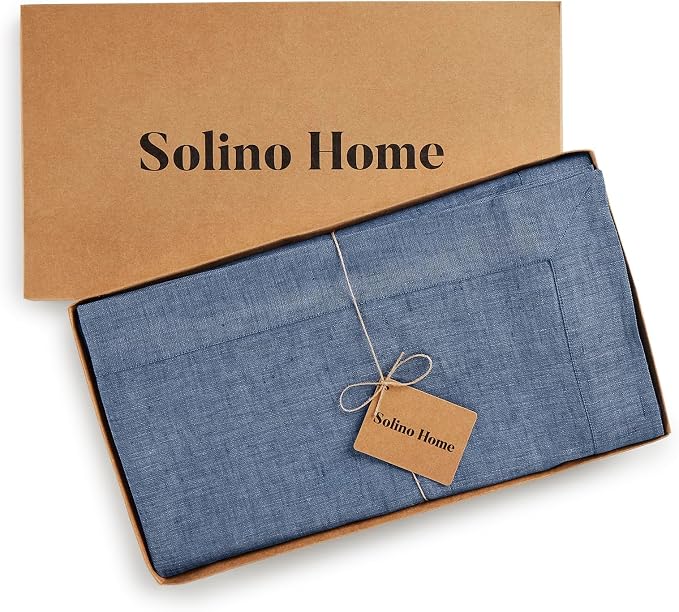 Solino Home Linen Tablecloth 60 x 144 Inch - 100% Pure Linen Blue Denim Table Cloth for Rectangle Tables - Athena, Machine Washable Tablecloth for Summer