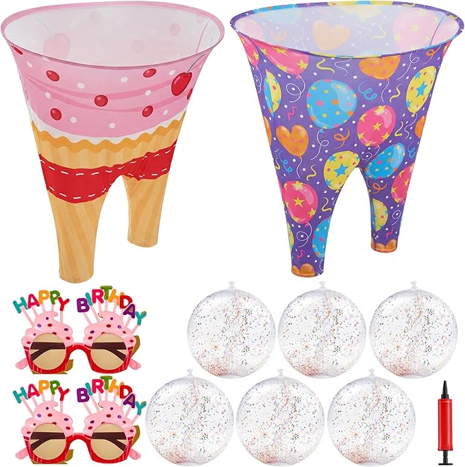 11 Pcs Birthday Granny Pants Set, 2 Giant Inflatable Pants with 1 Pump 6 Bouncy Balls & 2 Birthday Glasses, Outdoor Tossing Party Activity for Adults & Family Gatherings