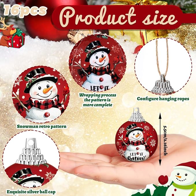 Outus 16 Pcs Christmas Ball Ornaments for Tree Merry Christmas Snow Joy Hanging Ornaments Xmas Santa Claus Snowman Balls for Tree Decoration Xmas Gifts Farmhouse Home Fireplace Decoration
