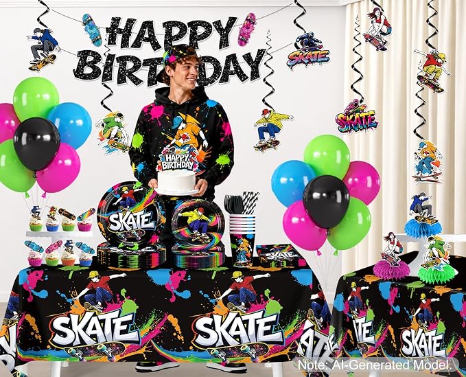215Pcs Skateboard Birthday Party Decorations, All-in-One Party Supplies Includes Banner, Cake Cupcake Topper, Balloons, Plates and Napkins, Easy Setup Skate Party, Serves 25
