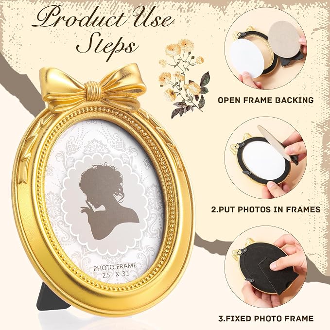 Vicenpal 6 Pcs Mini Gold Vintage Picture Frames, Resin Baroque Photo Frame with Glass and Stand, Small Antique Oval Frames for Wedding Anniversary Home Table Wall Decor, 2.5 x 3.5 Inch