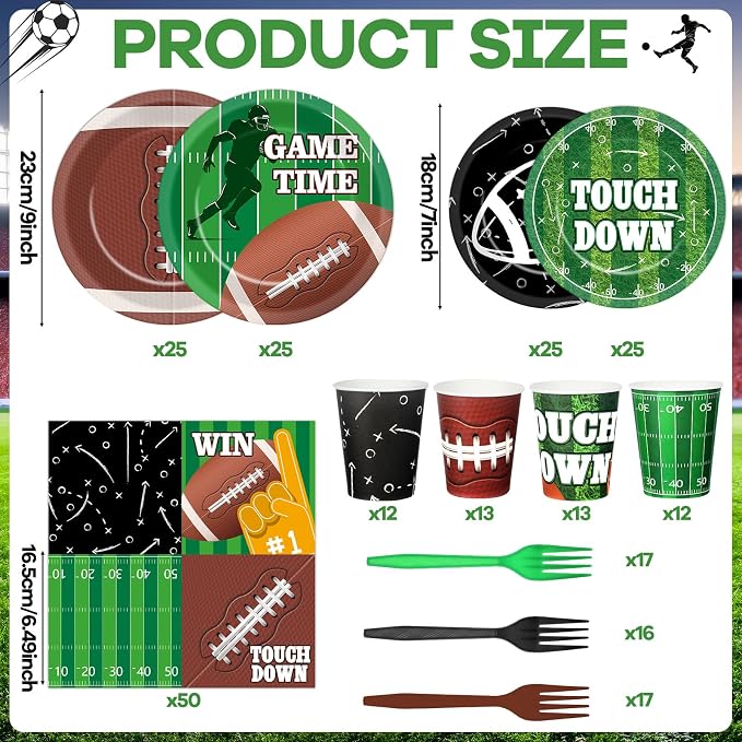 250 Pcs Football Birthday Party Decorations Football Disposable Party Tableware Sets Including Plates Cups Napkins Rugby Sports Games Dinnerware for Sports Birthday Parties Decor Supplies Serves 50