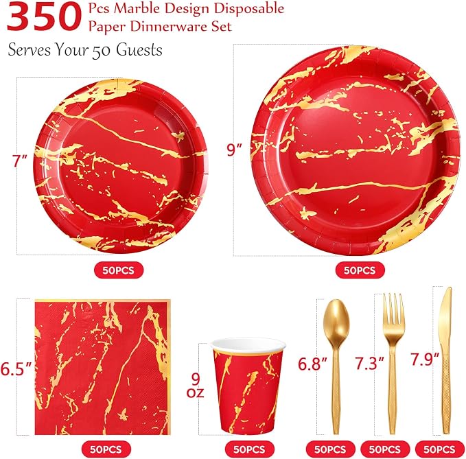 Bokon 350 Pcs Red Gold Party Supplies Disposable Dinnerware Set Include 100 Plates 50 9 oz Paper Cup 50 Sets Spoon Fork Knives 50 Napkin for 50 Guests Wedding Birthday Valentines Party Decoration