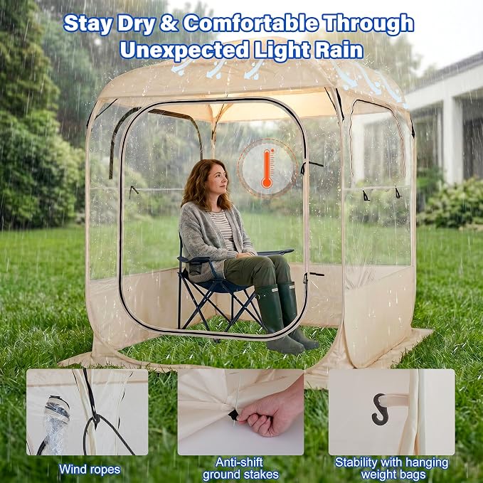 DIAMONDFORGE Sports Tent Pop Up Shelter 4.2 x 4.2 FT, Portable Clear Tent with Removable Top Cover, Instant Setup Weather Pods 2 Person, Spacious BubbleTent for Outside, Beige