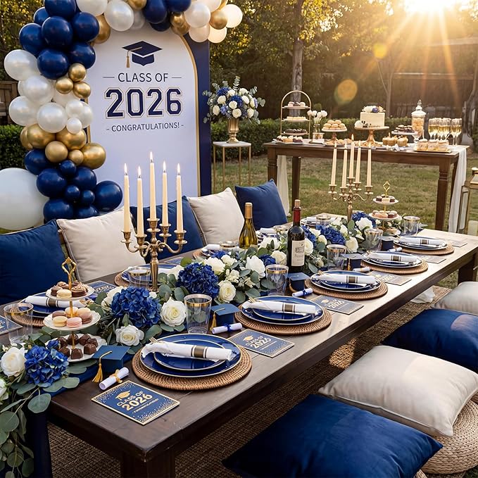 KIRE 350Pcs Blue and Gold Plates -Heavy Duty Navy Blue Dinnerware Set - 100 Plastic Plates 50 Pre Rolled Napkins with Gold Plastic Silverware 50 Cups for Birthday/Wedding/Parties/Graduation