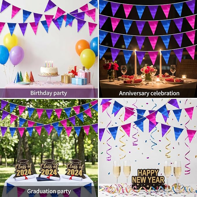 130FT Blue Purple Rose Red Triangle Pennant Banner Flag Metallic Fabric Bunting Garland for Christmas Graduation Wedding Anniversary Bachelorette Birthday Bridal Shower Valentines Hen Party Supplies