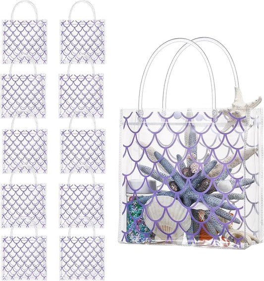 Sweetude 24pcs Clear Mermaid Party Favor Bags PVC Plastic Gift Bags with Handles Mermaid Theme Party Favor Under The Sea Pattern for Candy Snack Birthday Baby Shower Supplies
