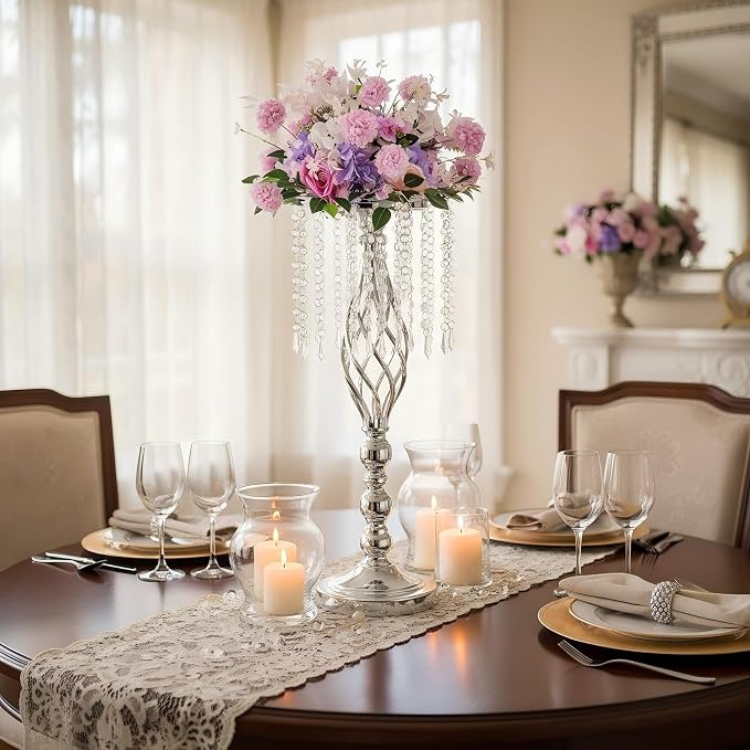 2pcs Silver Metal Flower Vases Crystal Flower Stand Wedding Centerpieces for Tables Party Dinner Event Restaurant Hotel Decoration