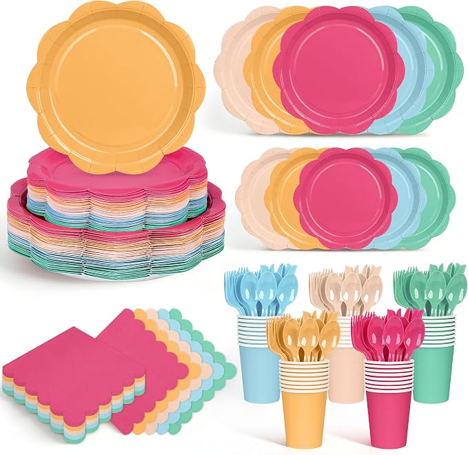 350 Pcs Candy Colors Party Plates and Napkins Party Supplies - Colorful Birthday Decoration Include Candy Colors Scalloped Plate Napkin Cup & Cutlery for Baby Shower, Wedding, Birthday, Bridal Shower