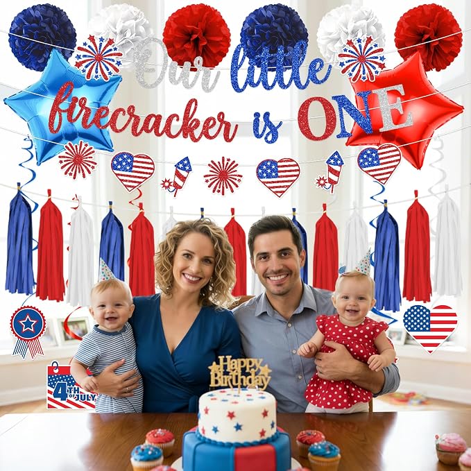 Rakuto Our Little Firecracker Is One Party Decorations, 18PCS 4th of July 1st Birthday Banners Hanging Swirls Party Decoration, Independence Day First Bday Paper Poms Garland Tassel Decor
