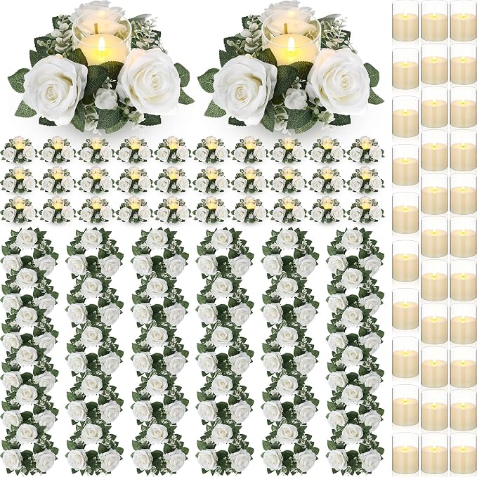 Yunlly 32 Pcs Rose Candle Rings with Flameless Candles Sets, Artificial Flower Eucalyptus Wedding Centerpiece 3 Inch Pillar Candleholders Wreaths for Wedding Party Mother's Day (White)