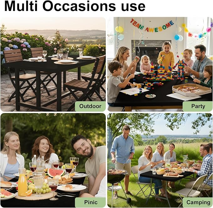 Smiry 3 Pack Rectangle Table Cloth, Elastic Fitted Flannel Backed Vinyl Tablecloths for 4ft Folding Tables, Waterproof Wipeable Table Covers for Indoor, Outdoor, Camping and Picnic (Black, 30"x48")