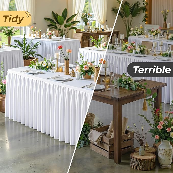 White Polyester Table Cloths for Rectangle 8 Foot Tables, 1 Pack Wrinkle Free Tablecloths Stretchy Banquet Ruffle Fitted Table Cover Desk Skirt for Parties Wedding Birthday Baby Shower