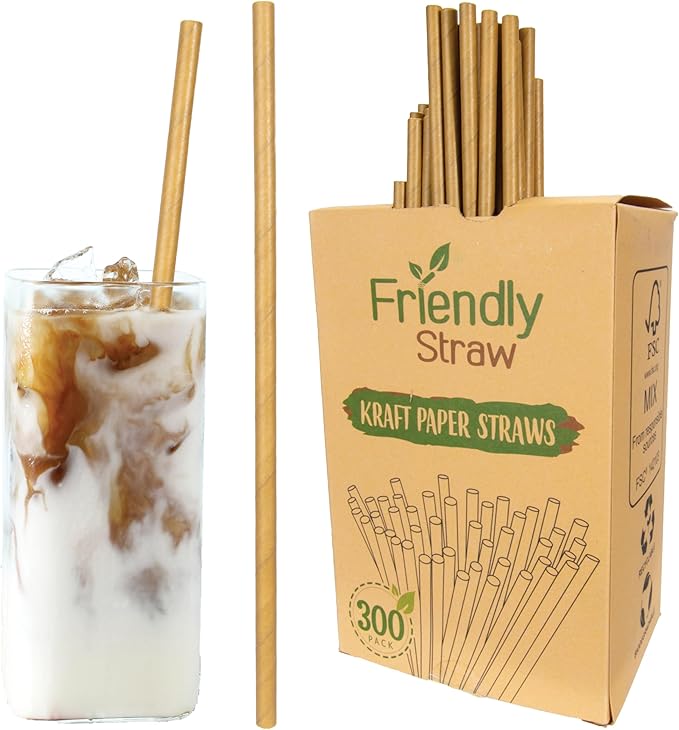 Friendly Straw 300 Pack Biodegradable Kraft Paper Straws, 7.75" x .25" Drinking Paper Straw - Brown Paper Straws Bulk Pack for Home and Restaurant