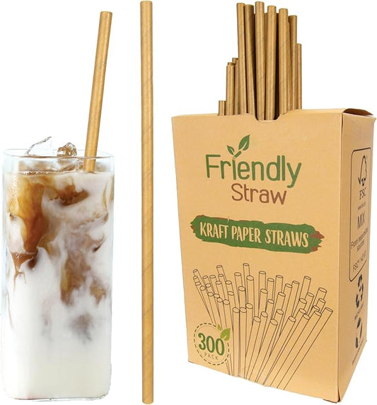 Friendly Straw 300 Pack Biodegradable Kraft Paper Straws, 7.75" x .25" Drinking Paper Straw - Brown Paper Straws Bulk Pack for Home and Restaurant