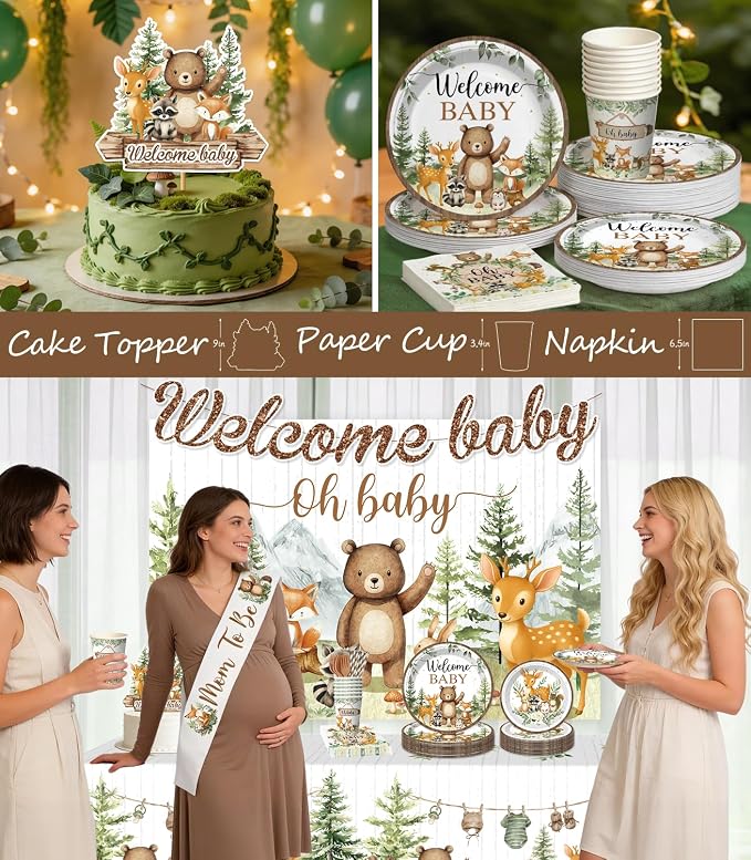 Woodland Baby Shower Decorations, 265 PCS Woodland Animals Baby Shower Party Supplies with Balloon Garland, Backdrop, Tableware, Balloon Boxes & Mom to Be Sash, Gender Neutral Forest Theme