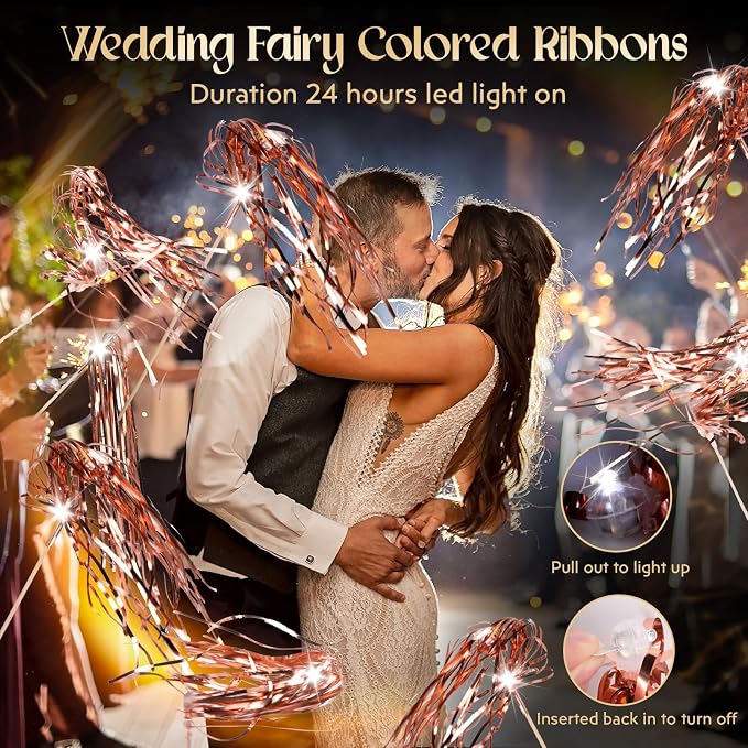 Drixbor 100 PCS Light Up Wedding Wands - LED Tinsel Streamers for Wedding Send Off & Grand Entrance, Party Favors for Weddings Birthdays Christmas (Rose Gold)