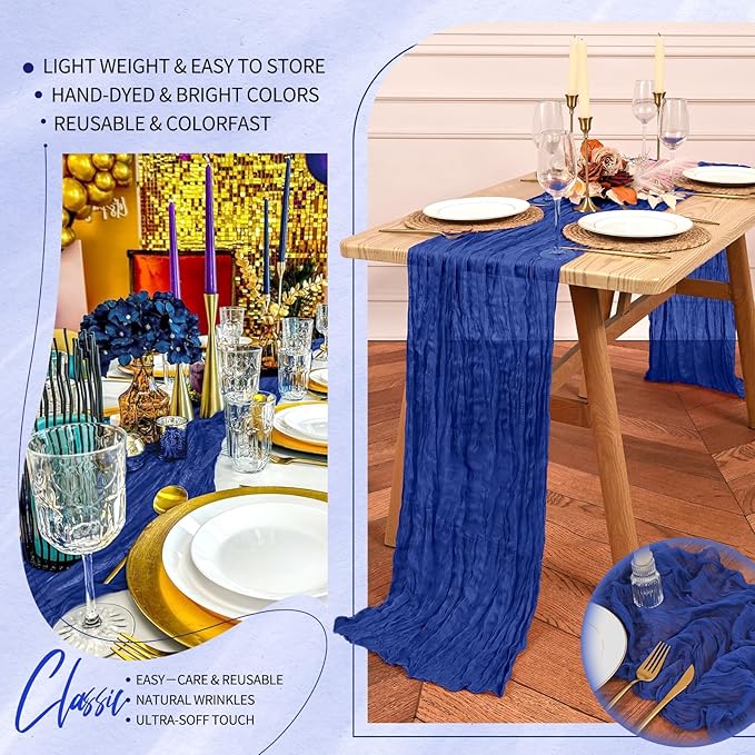 1 Pack Cheesecloth Table Runner 10FT Royal Blue Table Runner Boho Gauze Cheese Cloth Table Runners Long Rustic Sheer Table Decorations for Wedding Party Baby Bridal Shower Birthday Holiday Home