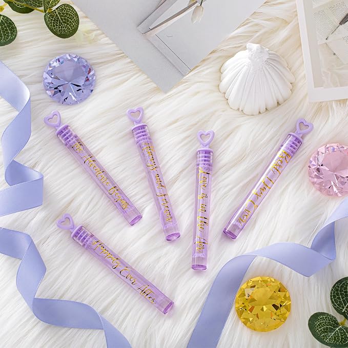Hollowfly 60 Pack Purple Gold Lavender Wedding Mini Bubble Wands for a Wedding Bulk Heart Bubble for Guests Send Off Wand Adults Bridal Exit Shower Party Supplies Valentine Anniversaries Celebration