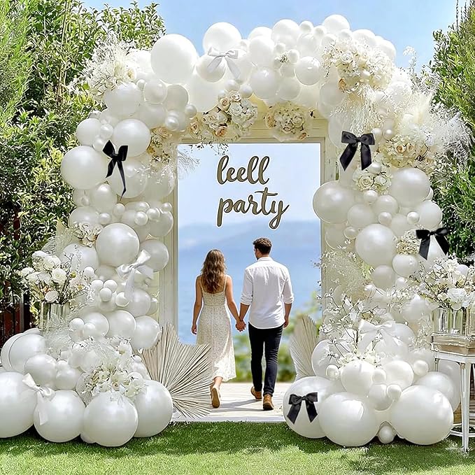 Pearl White Balloon Arch Kit,Double Stuffed White Pearl Balloon Garland Different Sizes 5/12/18 Inch with Black and White Bow for Baby Shower Baptism Wedding Birthday Engagement Party Decoration