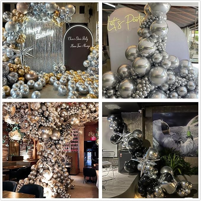412pcs Metallic Silver Balloon Garland Arch Kit 18 12 10 5 Inch Different Sizes Latex Chrome Balloons for Baby Shower Birthday Graduation Wedding Anniversary Celebration Party Decoration