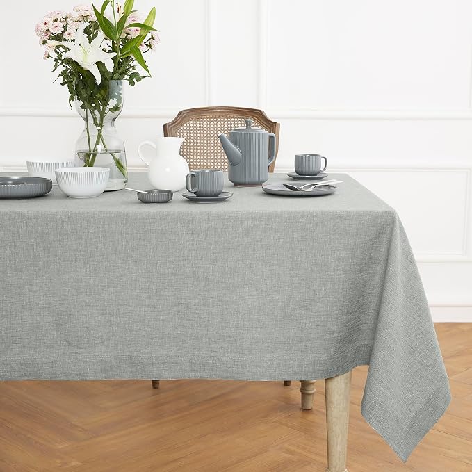 Solino Home Linen Tablecloth 60 x 144 Inch - 100% Pure Linen Chambray Grey Table Cloth for Rectangle Tables - Athena, Machine Washable Fabric Tablecloth