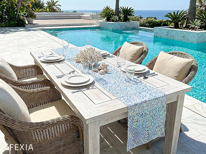FEXIA Blue Sequin Table Runner 11 x 72 Inches, Sparkly Royal Blue Table Decoration for Wedding, Baby Shower Graduation Party Birthday, Ocean Theme Party, Shimmer Decor for Dining Table, Bridal Shower