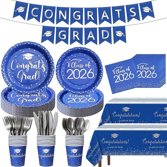 354Pcs Blue and Silver Graduation Decorations Set, 2026 Graduation Party Supplies Serves 50,Includes Congrats Grad Banner Paper Plates Cups Napkins Tablecloths Tableware for Class of 2026
